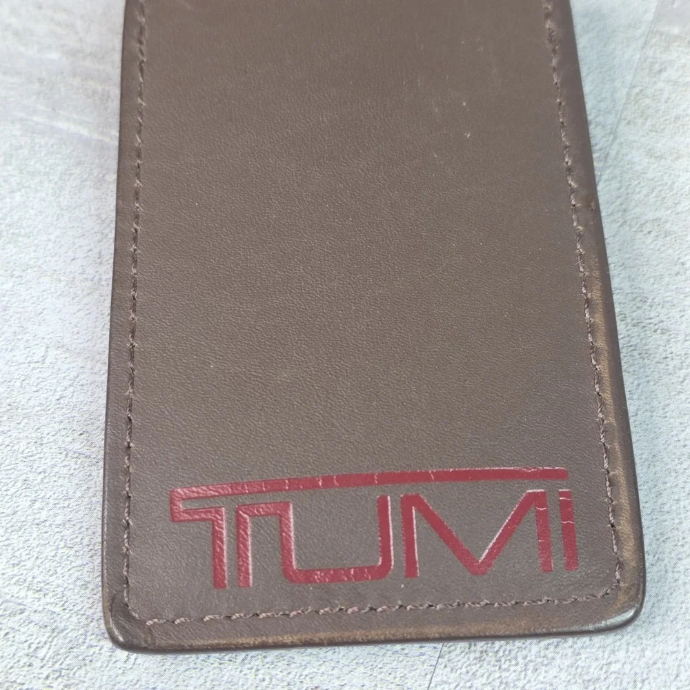 TUMI Leather Alpha 3 Large Luggage Tag Dark Brown Logo Travel ID Holder Strap